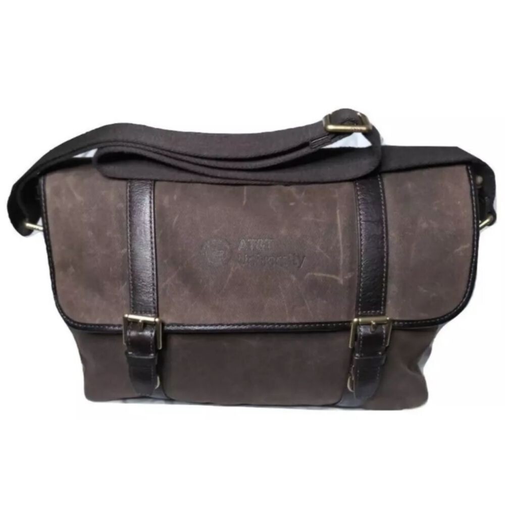 Fossil Messenger Bag Canvas & Leather Laptop Bag 'AT&T University' Logo